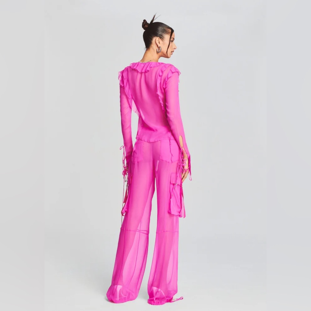 Retrofete Aviva Silk Chiffon Blouse Ruffle Open Tie Neon Pink Fushia - Picture 4 of 5
